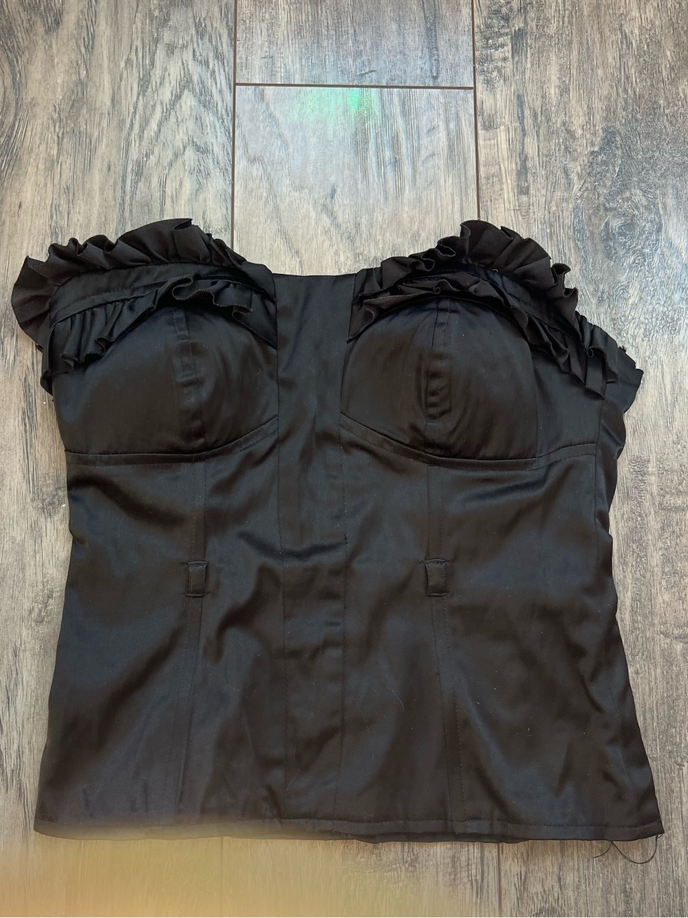 Black Satin Strapless Corset Top Ruffle Bust Size S
